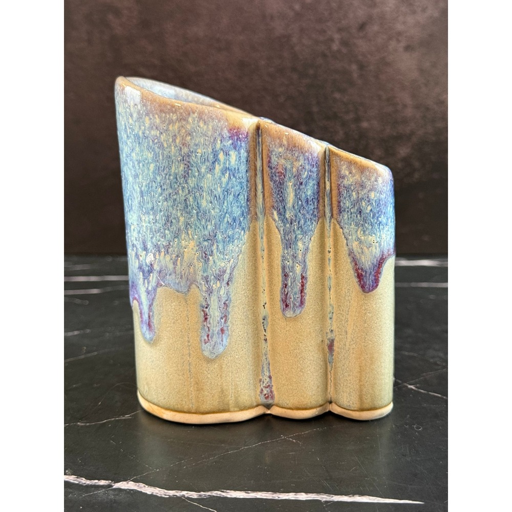 Vintage Bay Pottery Multi-Chamber Ribbon Vase Pen Holder Blue Purple Drip Glaze